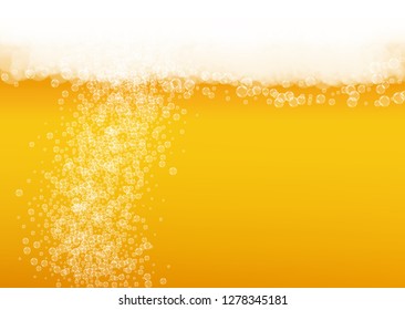 Beer background. Craft lager splash. Oktoberfest foam. Froth pint of ale with realistic white bubbles. Cool liquid drink for pab flyer design. Golden bottle with beer background.