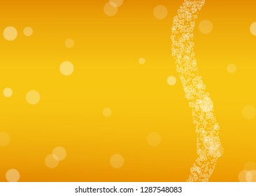 Beer background. Craft lager splash. Oktoberfest foam. restaurant banner design. Hipster pint of ale with realistic white bubbles. Cool liquid drink for Golden glass with beer background.