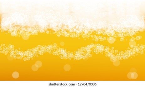 Beer background. Craft lager splash. Oktoberfest foam. Czech pint of ale with realistic white bubbles. Cool liquid drink for bar banner layout. Golden cup with beer background.