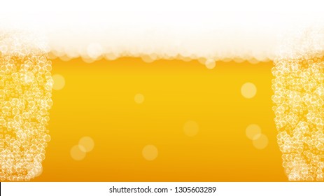 Beer background. Craft lager splash. Oktoberfest foam. Hipster pint of ale with realistic white bubbles. Cool liquid drink for pub flyer layout. Golden glass with beer background.