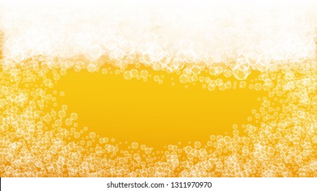 Beer background. Craft lager splash. Oktoberfest foam. Bubbly pint of ale with realistic white bubbles. Cool liquid drink for restaurant flyer design. Yellow bottle with beer background.