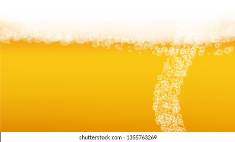 Beer background. Craft lager splash. Oktoberfest foam. Pour pint of ale with realistic white bubbles. Cool liquid drink for restaurant banner design. Golden cup with beer background.