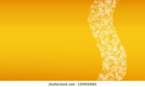 Beer background. Craft lager splash. Oktoberfest foam. restaurant menu design. Pour pint of ale with realistic white bubbles. Cool liquid drink for Golden mug with beer background.