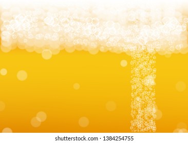 Beer background. Craft lager splash. Oktoberfest foam. Pale pint of ale with realistic white bubbles. Cool liquid drink for pub menu layout. Golden glass with beer background.