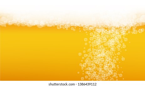 Beer background. Craft lager splash. Oktoberfest foam. bar banner design. Froth pint of ale with realistic white bubbles. Cool liquid drink for Yellow glass with beer background.