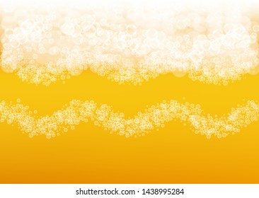Beer background. Craft lager splash. Oktoberfest foam. pub menu layout. Festive pint of ale with realistic white bubbles. Cool liquid drink for Gold bottle with beer background.