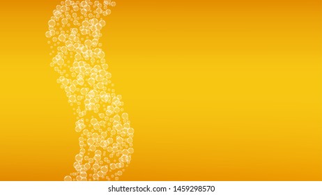 Beer background. Craft lager splash. Oktoberfest foam. Bavarian pint of ale with realistic white bubbles. Cool liquid drink for pub banner template. Orange bottle with beer background.