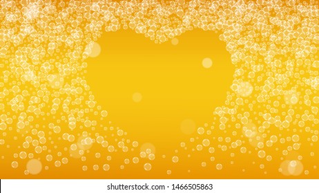 Beer background. Craft lager splash. Oktoberfest foam. pab banner template. Bubbly pint of ale with realistic white bubbles. Cool liquid drink for Gold bottle with beer background.