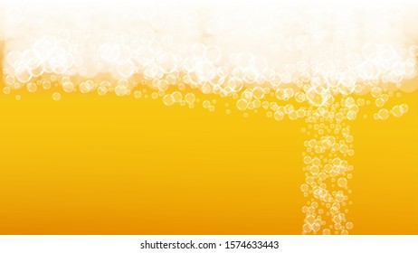 Beer background. Craft lager splash. Oktoberfest foam. pub menu layout. Shiny pint of ale with realistic white bubbles. Cool liquid drink for Gold jug with beer background.