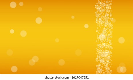Beer background. Craft lager splash. Oktoberfest foam. restaurant flyer layout. Froth pint of ale with realistic white bubbles. Cool liquid drink for Golden mug with beer background.