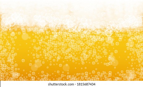 Fondo de cerveza. Deslumbramiento de las naves. Espuma del Oktoberfest. Pintar una cerveza con burbujas blancas realistas. Bebida líquida fresca para la plantilla del volante de la barra. Copa de oro con fondo de cerveza.