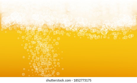 Beer background. Craft lager splash. Oktoberfest foam. pub menu layout. Cold pint of ale with realistic white bubbles. Cool liquid drink for Gold glass with beer background.
