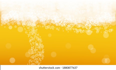 Beer background. Craft lager splash. Oktoberfest foam. pub flyer design. Czech pint of ale with realistic white bubbles. Cool liquid drink for Yellow glass with beer background.