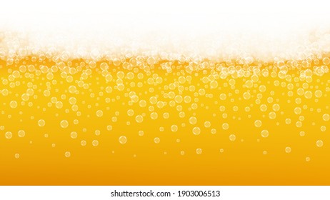 Beer background. Craft lager splash. Oktoberfest foam. pab banner layout. Hipster pint of ale with realistic white bubbles. Cool liquid drink for Yellow cup with beer background.