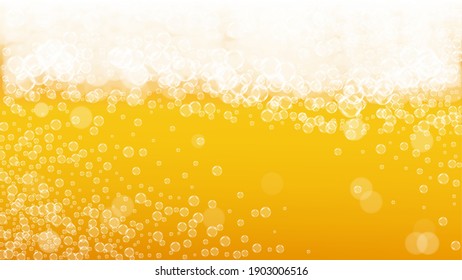 Beer background. Craft lager splash. Oktoberfest foam. Pale pint of ale with realistic white bubbles. Cool liquid drink for pub flyer layout. Yellow glass with beer background.