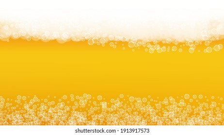 Beer background. Craft lager splash. Oktoberfest foam. Hipster pint of ale with realistic white bubbles. Cool liquid drink for pab menu template. Golden bottle with beer background.