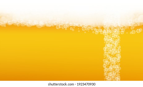 Beer background. Craft lager splash. Oktoberfest foam. bar banner layout. Festive pint of ale with realistic white bubbles. Cool liquid drink for Yellow mug with beer background.
