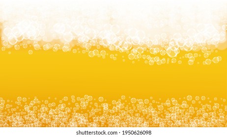 Beer background. Craft lager splash. Oktoberfest foam. Hipster pint of ale with realistic white bubbles. Cool liquid drink for pab menu layout. Yellow cup with beer background.