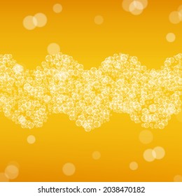 Beer background. Craft lager splash. Oktoberfest foam. Hipster pint of ale with realistic bubbles. Cool liquid drink for pub. Gold banner design. Orange glass for oktoberfest foam.