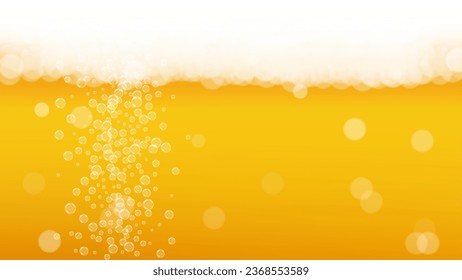 Beer background. Craft lager splash. Oktoberfest foam. Shiny pint of ale with realistic white bubbles. Cool liquid drink for restaurant banner design. Yellow jug with beer background.