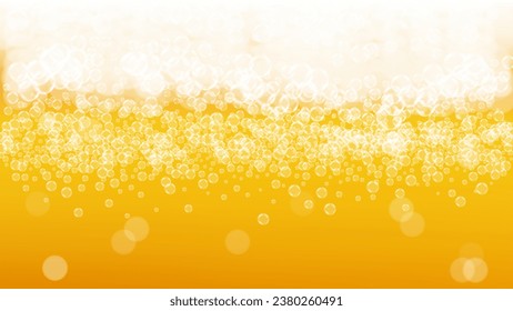 Fondo de cerveza. Deslumbramiento de las naves. Espuma del Oktoberfest. Pinta fría de cerveza con burbujas blancas realistas. Bebida líquida fresca para el diseño del folleto del restaurante. Botella dorada con fondo de cerveza.