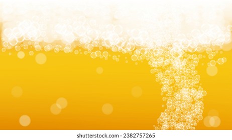 Beer background. Craft lager splash. Oktoberfest foam. Czech pint of ale with realistic white bubbles. Cool liquid drink for bar banner template. Golden mug with beer background.