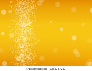Beer background. Craft lager splash. Oktoberfest foam. Bavarian pint of ale with realistic white bubbles. Cool liquid drink for pub flyer design. Gold mug with beer background.