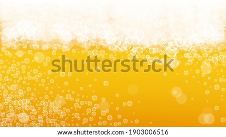 Beer background. Craft lager splash. Oktoberfest foam. Pale pint of ale with realistic white bubbles. Cool liquid drink for pub flyer layout. Yellow glass with beer background.