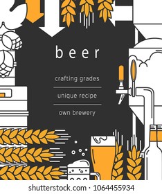 Beer background. Glass, mug, beer tap, bottles and kegs, equipment for brewing, brewery, wheat and hops. Vector backdrop for booklet, brochure, flyer.