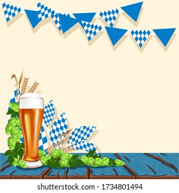 Beer background with a glass of beer is standing on old boards. Beer Festival. Background for menu, advertisement or poster. Vector illustration.