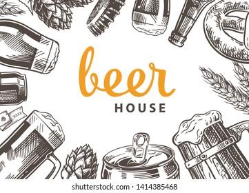 Beer background.  Linear graphic. Hand drawn sketch with beer, glass, bottle, mug, wheat. Background design template . Vector engraved illustration