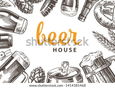 Beer background.  Linear graphic. Hand drawn sketch with beer, glass, bottle, mug, wheat. Background design template . Vector engraved illustration
