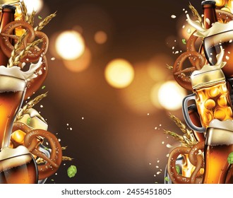 Beer background. Mugs, glasses and bottles with beer, pretzels. Highly realistic illustration.