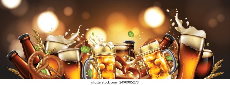 Beer background. Mugs, glasses and bottles with beer, pretzels. Highly realistic illustration.