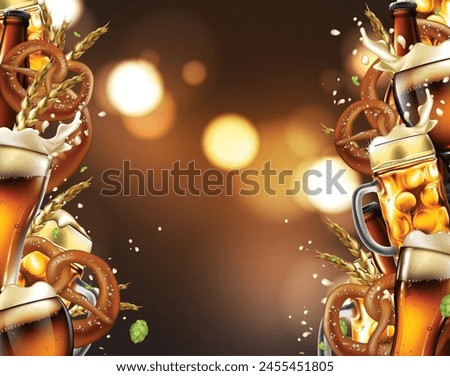 Beer background. Mugs, glasses and bottles with beer, pretzels. Highly realistic illustration.