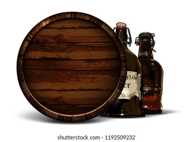 Beer background with oak barrel and two vintage beer bottles. Highly detailed illustration.