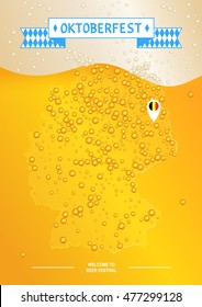 Beer background for Oktoberfest. Map of Germany of bubbles. Ribbon and label.