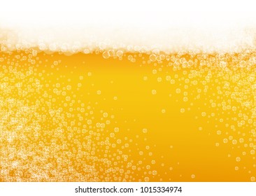 Beer background with realistic bubbles.  Cool beverage for restaurant menu design, banners and flyers.  Yellow horizontal beer background with white foam. Fresh cup of lager for brewery design.