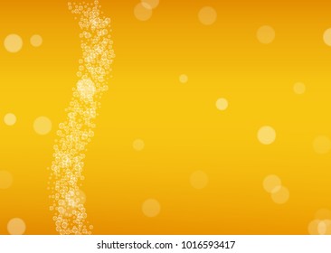 Beer background with realistic bubbles.  Cool beverage for restaurant menu design, banners and flyers.  Yellow horizontal beer background with white foam. Cold glass of ale for brewery design.