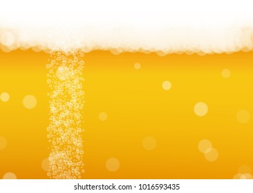 Beer background with realistic bubbles.  Cool beverage for restaurant menu design, banners and flyers.  Yellow horizontal beer background with white foam. Cold glass of ale for brewery design.