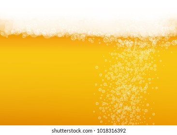 Beer background with realistic bubbles.  Cool beverage for restaurant menu design, banners and flyers. Yellow horizontal beer background with white foam. Fresh cup of lager for brewery design.