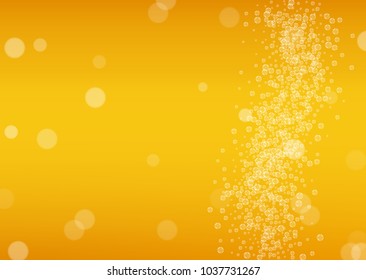 Beer background with realistic bubbles.  Cool liquid drink for pub and bar menu design, banners and flyers.  Yellow horizontal beer background with white foam. Fresh cup of lager for brewery design.
