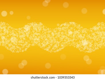 Beer background with realistic bubbles.  Cool beverage for restaurant menu design, banners and flyers.  Yellow horizontal beer background with white foam. Cold pint of golden lager or ale.