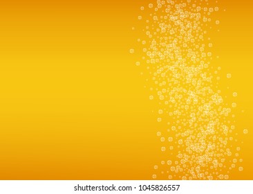 Beer background with realistic bubbles.  Cool beverage for restaurant menu design, banners and flyers.  Yellow horizontal beer background with white foam. Cold pint of golden lager or ale.