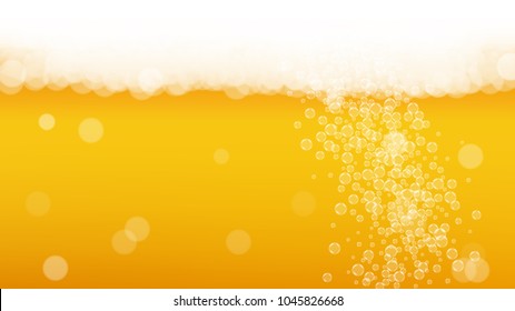 Beer background with realistic bubbles.  Cool beverage for restaurant menu design, banners and flyers.  Yellow horizontal beer background with white foam. Cold glass of ale for brewery design.