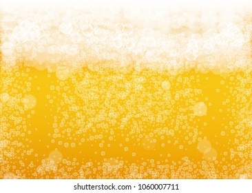 Beer background with realistic bubbles.  Cool beverage for restaurant menu design, banners and flyers.  Yellow horizontal beer background with white foam. Fresh cup of lager for brewery design.