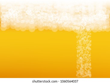 Beer background with realistic bubbles.  Cool liquid drink for pub and bar menu design, banners and flyers.  Yellow horizontal beer background with white foam. Cold glass of ale for brewery design.