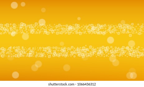 Beer background with realistic bubbles.  Cool liquid drink for pub and bar menu design, banners and flyers.  Yellow horizontal beer background with white foam. Fresh cup of lager for brewery design.