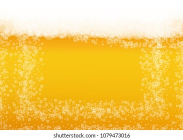 Beer background with realistic bubbles.  Cool beverage for restaurant menu design, banners and flyers.  Yellow horizontal beer background with white foam. Fresh cup of lager for brewery design.