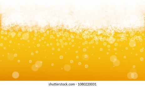 Beer background with realistic bubbles.  Cool beverage for restaurant menu design, banners and flyers.  Yellow horizontal beer background with white foam. Cold glass of ale for brewery design.